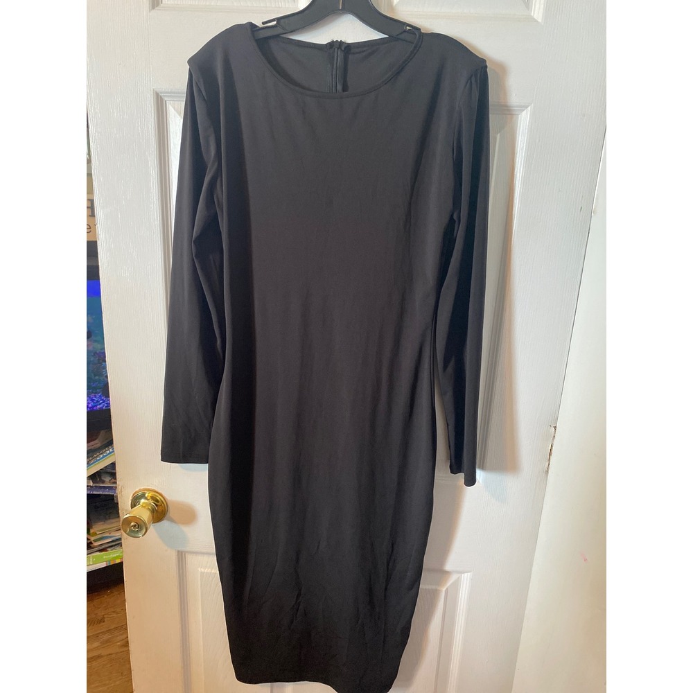 Black Long Sleeve MidiBodycon Dress Crew Neck BackZip Stretch Size M Made in USA